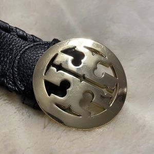 TORY BURCH Whipstitched Black Leather Logo Belt